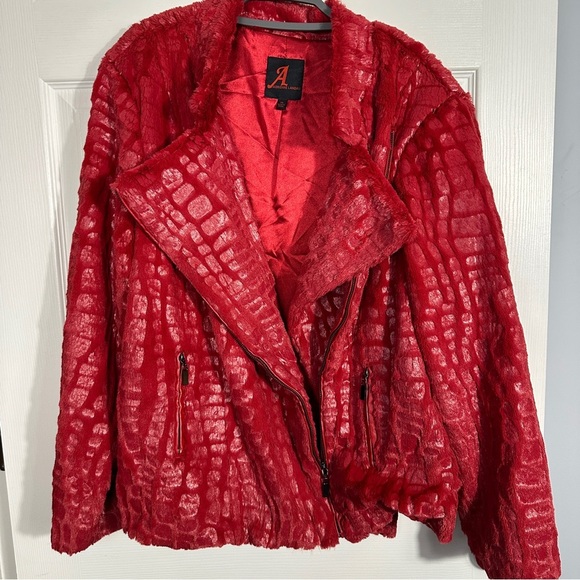 Adrienne Landau red faux fur 2X coat, snakeskin pattern, fall, autumn - Picture 6 of 13